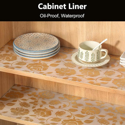 INNOLITES Shelf Liner for Cabinets, Non-Adhesive for Kitchen Drawer Liner, Waterproof Shelf Paper with Floral Pattern, Durable Easy to Clean (Golden Rose, 17.5" x 360")