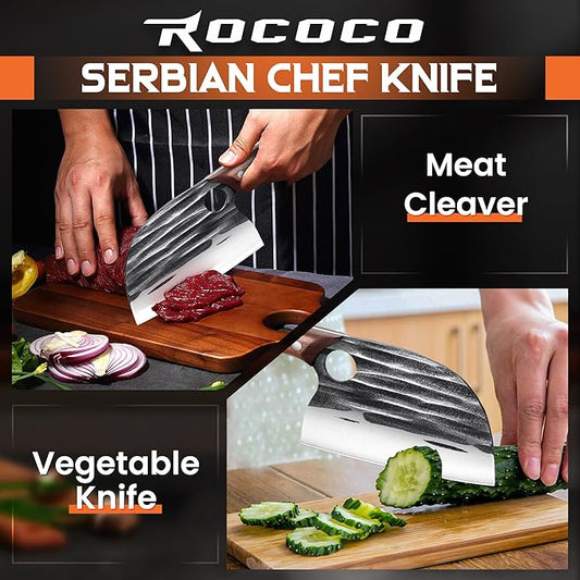 ROCOCO Japanese Serbian Chef Knife - Hand Forged Butcher Viking Cleaver Full Tang with Sheath BBQ Birthday Christmas Day Gift Men 6.2"