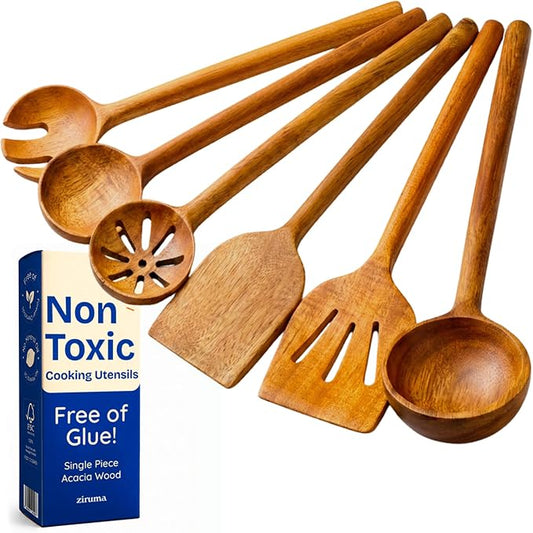 Non-Toxic Wooden Spoons for Cooking– 7-Piece Kitchen Utensils Set, Glue-Free & One-Piece Cooking Utensils, Natural Wooden Utensil Set with Plant-Based Finish, Free of Forever Chemicals