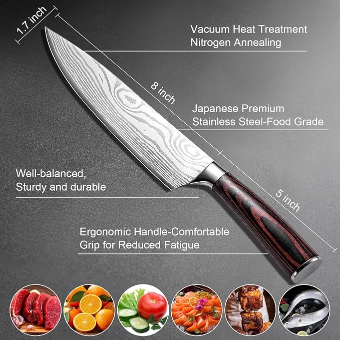 Chef Knife Professional Japanese AUS-10 Steel Core Kitchen Knife with Damascus Pattern, Razor Sharp 8 Inch Chefs Knife with Full-Tang Ergonomic Handle - Ideal for Home Cooks & Professional Chefs