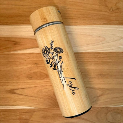 Personalized Bamboo Water Tumbler Custom Engraved Tea Tumbler with Infuser, 15oz Insulated Wooden Travel Mug, Gift for Women, Mom, Teacher (Birth Flower+Signature) (Style C)