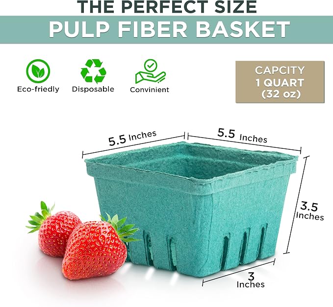FMP Brands Molded Pulp Fiber Berry Basket Produce Vented Container for Fruit and Vegetable, Farmer Market, Grocery Stores and Backyard Party - [Pack of 250] - Quart, Green