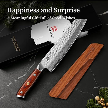 KEEMAKE Kiritsuke Chef Knife, 8 Inch Damascus Japanese Kitchen Knife with Ergonomic Pakkawood Handle, Ultra Sharp Non-Slip Cooking Knife with Ash Sheath & Dad Gift Box