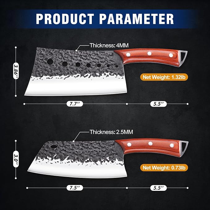 KITNATS 2PCS Hand Forged Butcher Knife Set, Meat Cleaver & Serbian Chef Knife for Meat Cutting, Boning, Kitchen Prep, Outdoor Cooking, BBQ, Gift for Men