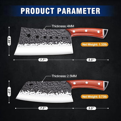 KITNATS 2PCS Hand Forged Butcher Knife Set, Meat Cleaver & Serbian Chef Knife for Meat Cutting, Boning, Kitchen Prep, Outdoor Cooking, BBQ, Gift for Men