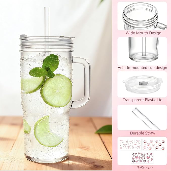Birity 24oz Pink Bow Glass Cups with Lids and Straws,2 Set Glass Tumbler with Handle,Galss Cup with Stickers and Aesthetic Iced Coffee Cup for Smoothies,Tea,Juice,Boba,Christmas