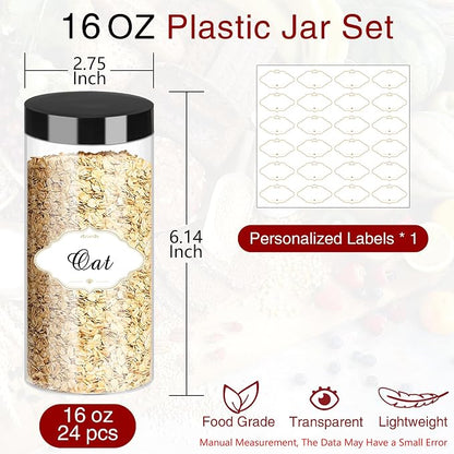 PeacePeo Plastic Jars with Lids 16 OZ, Plastic Jars 24 Pcs Slime Containers with Airtight Screw On Lids Leak Proof Clear Storage Containers Jar Empty for Kitchen & Household Food Storage