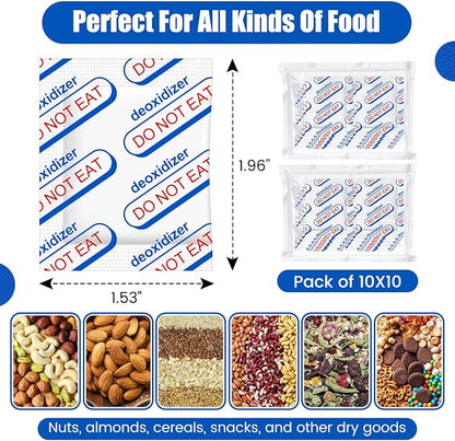 400CC Oxygen Absorbers for Long Term Food Storage, 100 Count (10 Packs of 10) - Food Grade for Mylar Bags, Airtight Containers, Freeze Dryer & Dehydrator, White