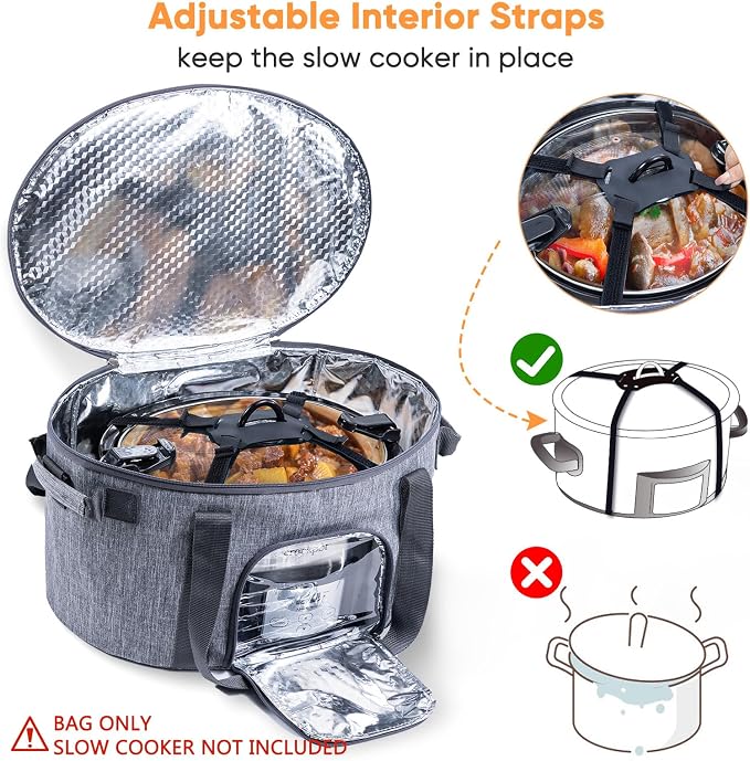 Double-Layer Slow Cooker Carrying Bag for 6-8 Quart CrockPot and Hamlton Beach Slowcooker, Travel Bag with Lid Fastener for Crock-pot, Portable Carrier with See-throught Window(BAG ONLY)