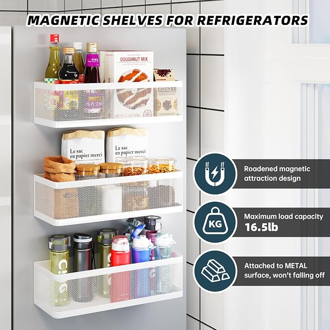 3 Pack Magnetic Spice Rack for Refrigerator, Heavy Duty White Metal Fridge Organizers & Storage Baskets, Multi-use Magnetic Shelves for Kitchen Organization, Pantry, Laundry Room & Bathroom Storage