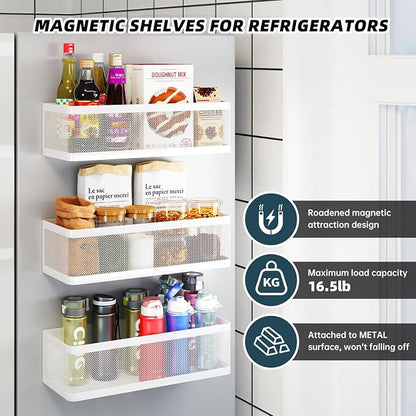3 Pack Magnetic Spice Rack for Refrigerator, Heavy Duty White Metal Fridge Organizers & Storage Baskets, Multi-use Magnetic Shelves for Kitchen Organization, Pantry, Laundry Room & Bathroom Storage