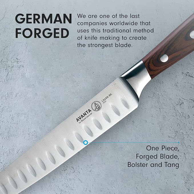 Messermeister Avanta Forged Kullenschliff Carving Set - Includes 8” Carving & Slicing Knife + 7” Fork - German X50 Stainless Steel - Pakkawood Handle - Rust Resistant & Easy to Maintain