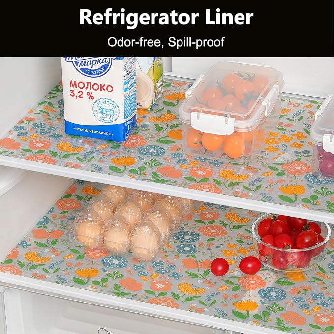 INNOLITES Shelf Liner for Kitchen Cabinets, Non-Adhesive Drawer Liner, Waterproof Washable EVA Floral Pattern, Protect Dresser Cupboard Refrigerator Shelves (Honey Coral Blue, 23.6" x 240")