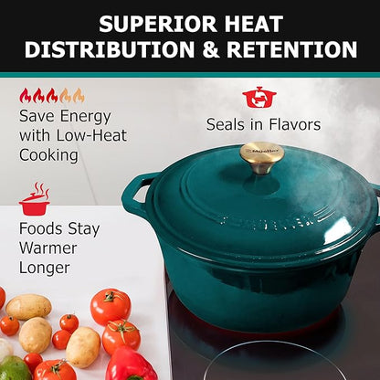 Mueller DuraCast 6 Quart Enameled Cast Iron Dutch Oven Pot with Lid, Sourdough Bread Baking, PFOA-Free, 500°F Oven Safe - All Cooktops incl. Induction, Braising & Slow Cooking, Emerald