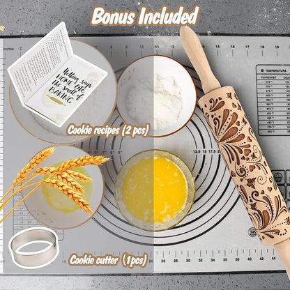 Embossed Rolling Pin for Baking Cookies Embossing Rolling Pins with Design Wooden Engraved Springerle Roller Pin Dough Christmas Patterned Clay Pottery Ceramic Bakers Women (Floral Butterfly Flower)