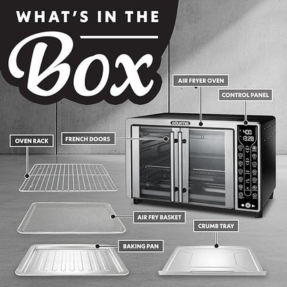 Gourmia French Door Air Fryer Toaster Oven – 6-Slice Capacity, FryForce 360°, Digital Display with 17 Cooking Presets, Stainless Steel