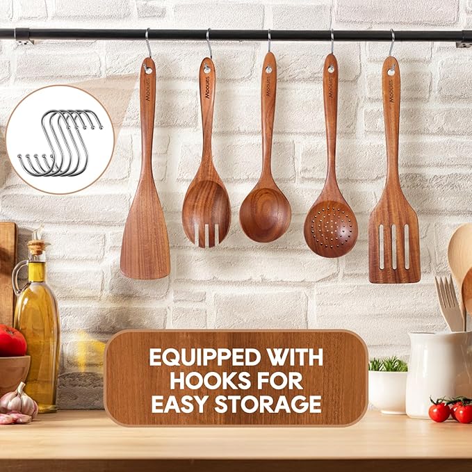Mooues Wooden Spoons for Cooking, Wooden Utensils for Cooking Natural Teak Wooden Kitchen Utensils Set Comfort Grip (8 PCS SET)