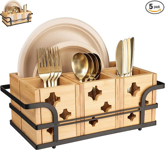 Silverware Caddy Wood Utensil Holder Silverware Utensil Caddy Cutlery Flatware Paper Plate Dispenser Organizer for Spoons Forks Plates Napkins (Star)