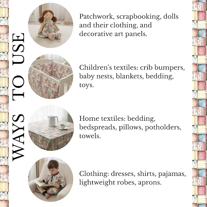 Soft Meadow Patchwork Cotton Fabric Panel, Pastel Floral & Stripe Design, 140 GSM, 61″ × 36.6″ (155 × 93 cm)