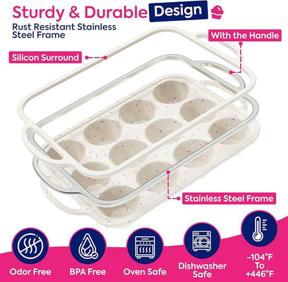 RICCLE Silicone Muffin Pans for Baking with Metal Reinforced Frame, 12-Cup Cupcake Pan, 2 Pcs Muffin Trays for Cupcake Baking, Tray Molds, Oven & Dishwasher Safe, BPA-Free (2 x Regular)