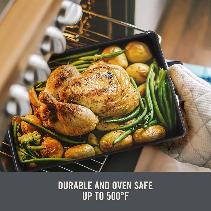 DASH Zakarian by Dash 9"x13" Nonstick Cast Iron Pan with Pour Spout and Removable Silicone Grips for Searing, Baking, Broiling, Grilling and more- Black