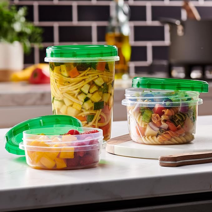 PLASTICPRO 6 Pack Twist Cap Food Storage Containers with Green Screw on Lid- 8 oz Reusable Meal Prep Containers - Freezer and Microwave Safe Green Plastic Food Storage
