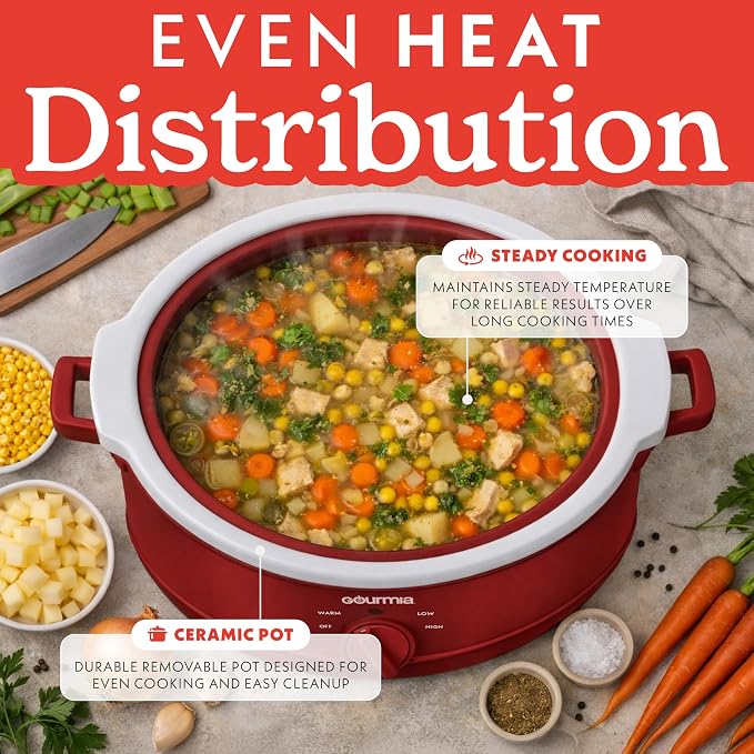 Gourmia Slow Cooker - 7 Quart Removable Ceramic Pot, Manual Controls with 3 Temperature Settings, Dishwasher Safe Crock and Glass Lid, Red