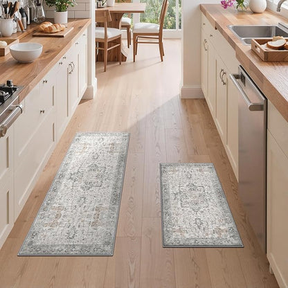 GENIMO Kitchen Rugs Non Slip Washable, 2PCS Kitchen Mats for Floor, Cushioned Standing Mat, Kitchen Runner Rug Floor Mat for Kitchen Decor, Laundry, Sink, Home, 20"x32"+20"x59", Light Taupe Brown