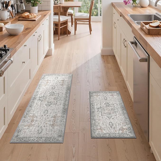 GENIMO Kitchen Rugs Non Slip Washable, 2PCS Kitchen Mats for Floor, Cushioned Standing Mat, Kitchen Runner Rug Floor Mat for Kitchen Decor, Laundry, Sink, Home, 20"x32"+20"x48", Light Taupe Brown
