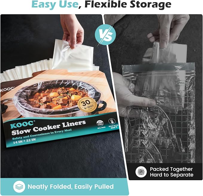KOOC Slow Cooker Liners, 30 count 14" x 22" Extra Large Size Cooking Bags Fits 6-10 Quart Pots, Disposable Cooking Trays Suitable for Oval & Round & Retangular Pot