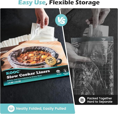 KOOC Slow Cooker Liners, 30 count 14" x 22" Extra Large Size Cooking Bags Fits 6-10 Quart Pots, Disposable Cooking Trays Suitable for Oval & Round & Retangular Pot