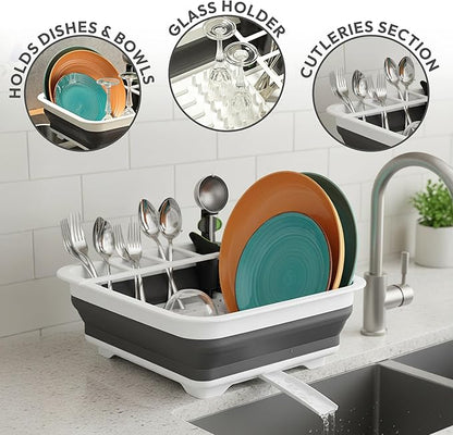 Masirs Pop-Up Collapsible Dish Drying Rack - Convenient Storage - Drains into Sink - Eight Large Plate Capacity - Sectional Cutlery and Utensil Compartment - Compact and Portable Design (12 x 20 Inch)