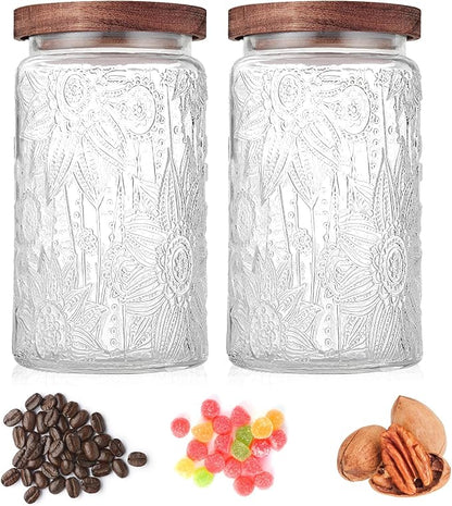 Custde Glass Storage Jars With Airtight Lid, 35oz Container For Kitchen Counter with Wooden Lid, brown sugar, candy, coffee, cookie, salt, tea, cute Jar (35oz Large Sunflower)