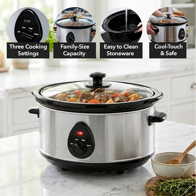OVENTE Electric Slow Cooker with 3 Cooking Settings, Non-Stick and Dishwasher Safe Stoneware, Stainless Steel Body, Glass Lid, 3.7 Qt Oval Pot for Entrees, Soups, Sauces, Stews & Dips, Silver SLO35ABR