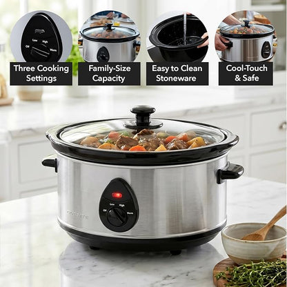 OVENTE Electric Slow Cooker with 3 Cooking Settings, Non-Stick and Dishwasher Safe Stoneware, Stainless Steel Body, Glass Lid, 3.7 Qt Oval Pot for Entrees, Soups, Sauces, Stews & Dips, Silver SLO35ABR