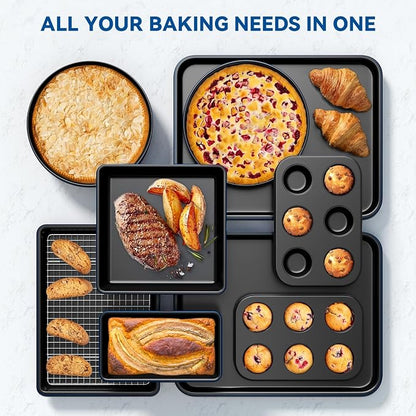 Wildone 13-Piece Baking Pans Set Nonstick - Stackable Bakeware Sets Including Cookie Sheets for Baking, Rack, Muffin Pan, Cake pan, Loaf Pan, Roasting Pan, Heavy Duty & Easy Clean, Blue