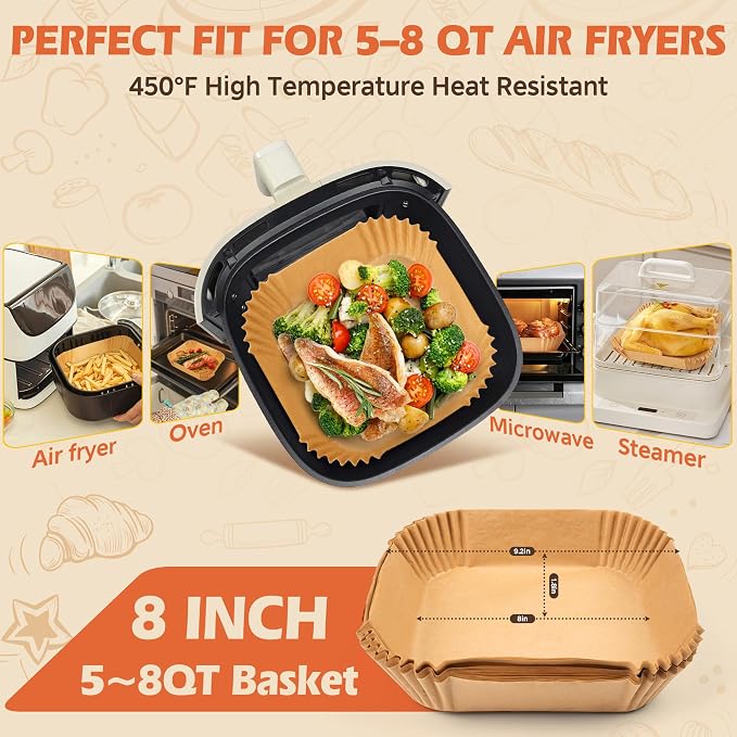 Air Fryer Liners Disposable, 125Pcs Parchment Paper, 8 Inch Non-stick Air Fryer Paper Liners, Unbleached Square Airfryer Liners for 5-8QT Air Fryer, Baking, Roasting Microwave