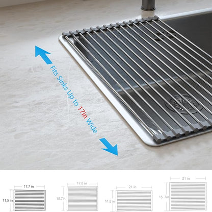 Tomorotec Roll Up Dish Drying Rack, Over The Sink Dish Drying Rack, Portable Stainless Steel Rolling Rack Multipurpose Kitchen Drainer Caddy Organizer Storage Shelf Holder, Gray