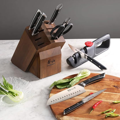 Cangshan HELENA Series 10-Piece German Steel Forged Knife Block Set, Black, Full Tang Kitchen Knife Set with Acacia Wood Block and Sharpener