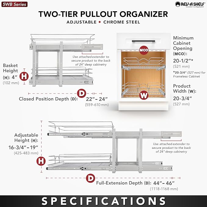 Rev-A-Shelf 2-Tier Pullout Shelf and Drawer Organizer for Kitchen Cabinets, Slide Out Storage Basket, Min Opening Width of 20.5", 21" x 22", 5WB2-2122CR-1