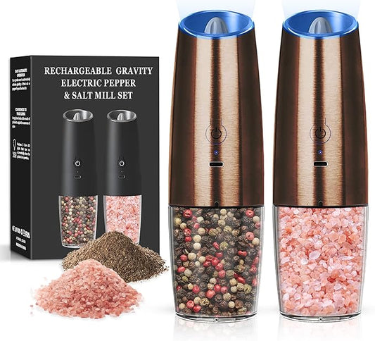 Rechargeable Salt And Pepper Grinder Set with LED Light, Automatic Electric Gravity Salt And Pepper Shakers Set, No Battery Needed, Adjustable Roughness, 2 Pack (Copper)