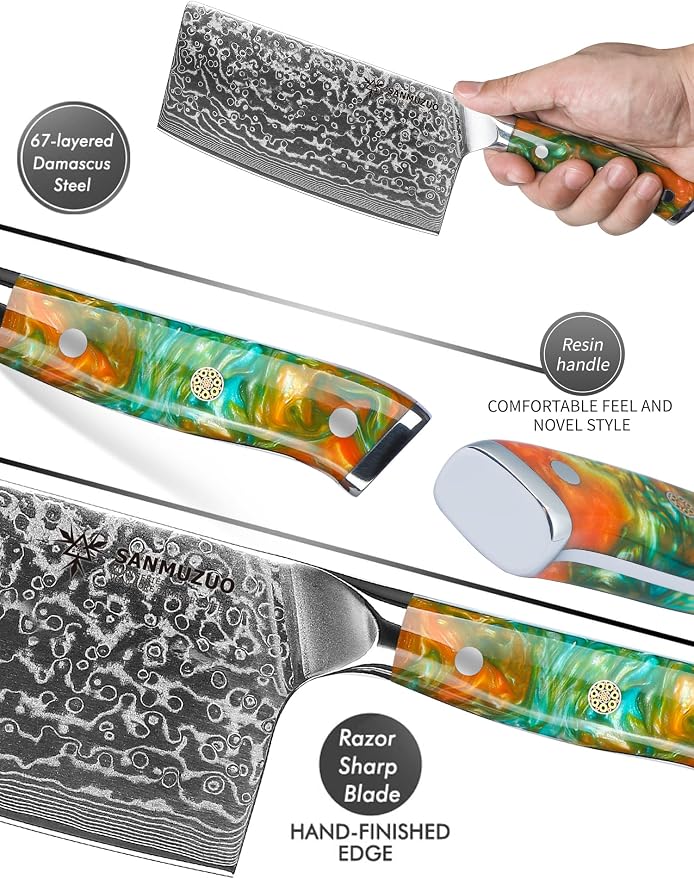 Chinese Chef Knife - 7" Cleaver Knife- Xuan Series - VG10 Damascus Steel Kitchen Knife - Resin Handle (Fantasy Orange)