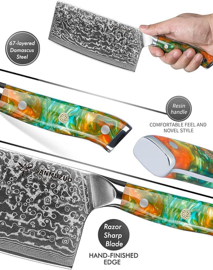 Chinese Chef Knife - 7" Cleaver Knife- Xuan Series - VG10 Damascus Steel Kitchen Knife - Resin Handle (Fantasy Orange)