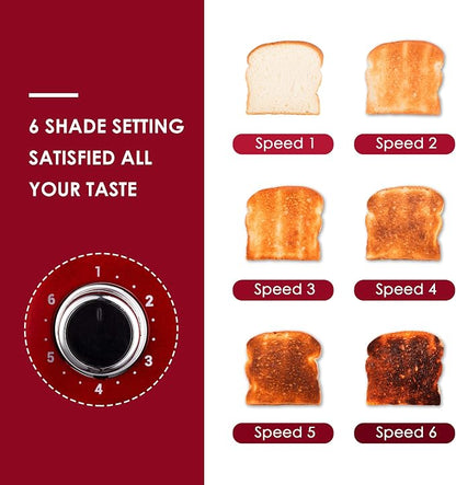Roter Mond 4 Slice Toaster Retro Stainless Steel with Bagel Defrost Cancel Function, 6 Browning Settings, Extre Wide Slot and Removable Crumb Tray, Red, ST033