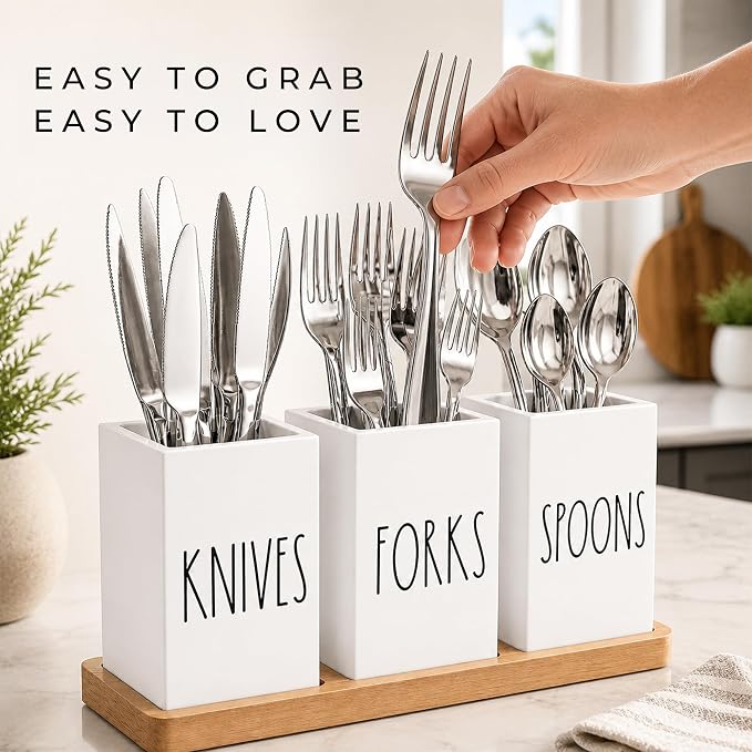 Farmhouse Silverware Holder, Rustic Wood Silverware Caddy with Tray, Spoon Fork Knives Flatware Dispenser, Utensil Countertop Organizer, Plastic Cutlery Holder for Kitchen Party (White)