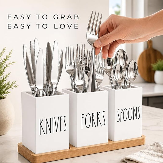 Farmhouse Silverware Holder, Rustic Wood Silverware Caddy with Tray, Spoon Fork Knives Flatware Dispenser, Utensil Countertop Organizer, Plastic Cutlery Holder for Kitchen Party (White)