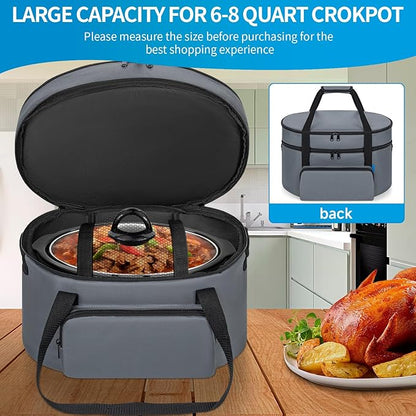 Double Layer Slow Cooker Travel Bag Compatible with 6, 7, 8 Quart Crock-Pot, Insulated Travel Carrier with Easy to Clean Lining, Grey