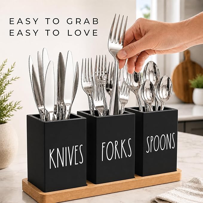 Farmhouse Silverware Holder, Rustic Wood Silverware Caddy with Tray, Spoon Fork Knives Flatware Dispenser, Utensil Countertop Organizer, Plastic Cutlery Holder for Kitchen Party (Black)