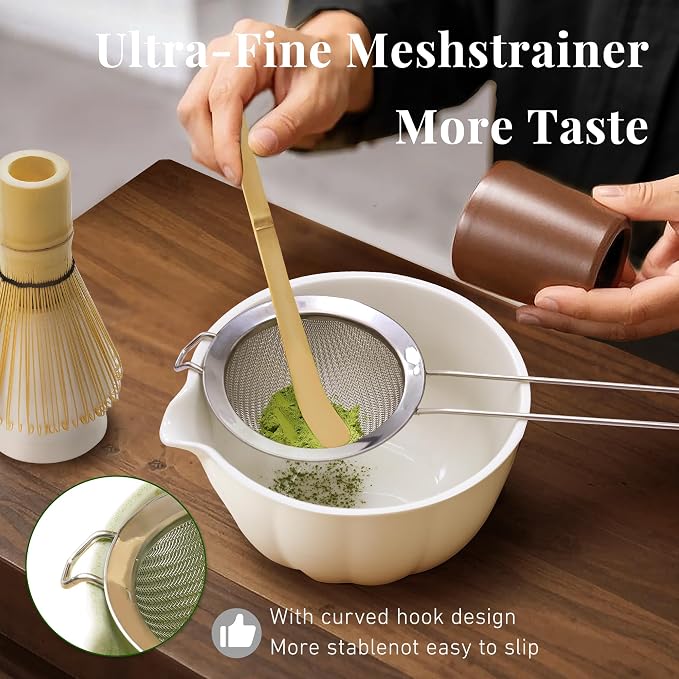 Renmxj Matcha Whisk Set,7 PCS Ceramic Matcha Kit Includes Matcha Bowl with Spout, Matcha Whisk and Holder, Bamboo Scoop, Stainless Sifter, Tea Towel, Unique Gift for Matcha Lovers (White)