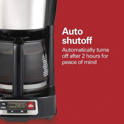 Hamilton Beach 5 Cup Drip Coffee Maker with Easy FrontFill Basket | Compact Design | Programmable Clock | Glass Carafe | Auto Pause and Pour | Black & Stainless Steel | 46111